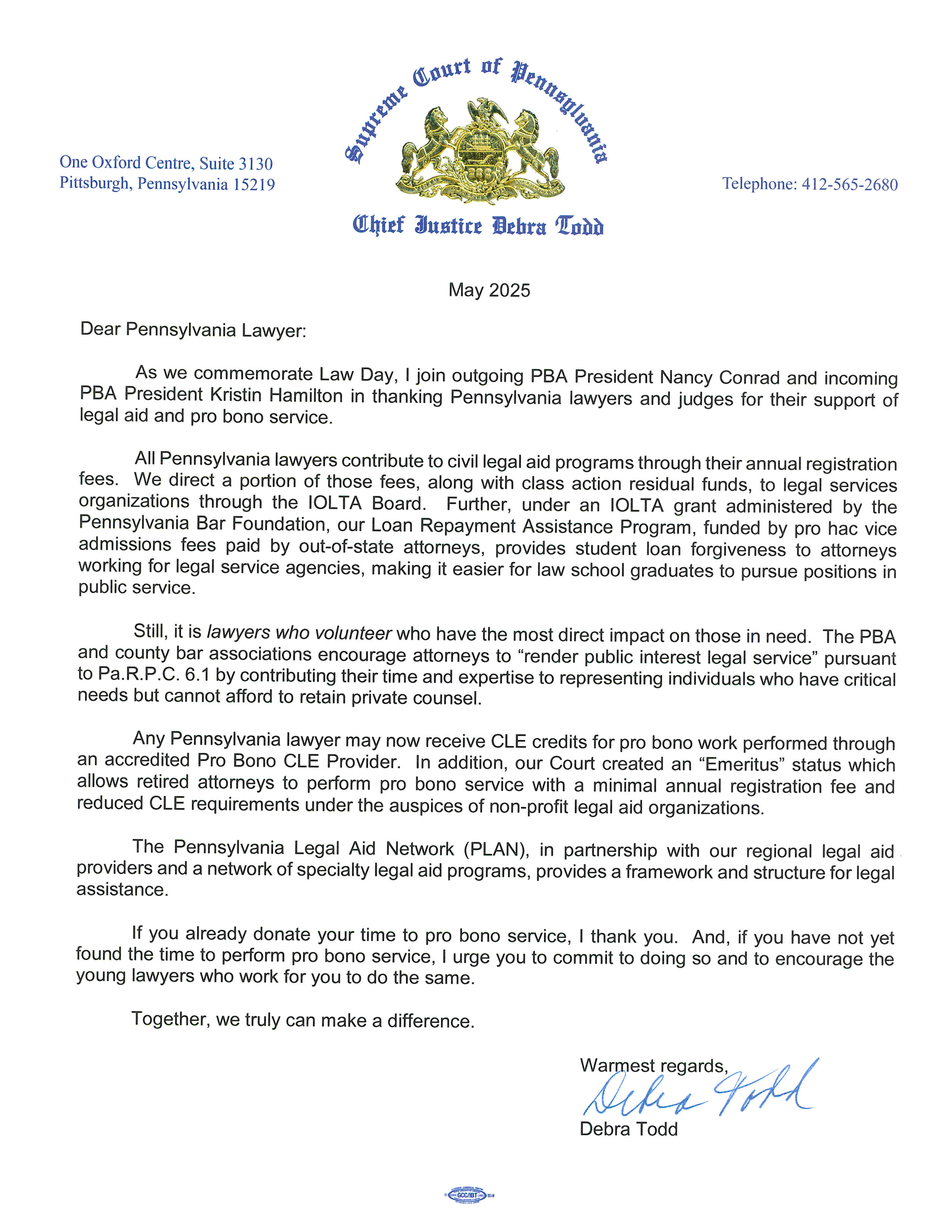 Letter from Chief Justice Todd to PA Lawyers
