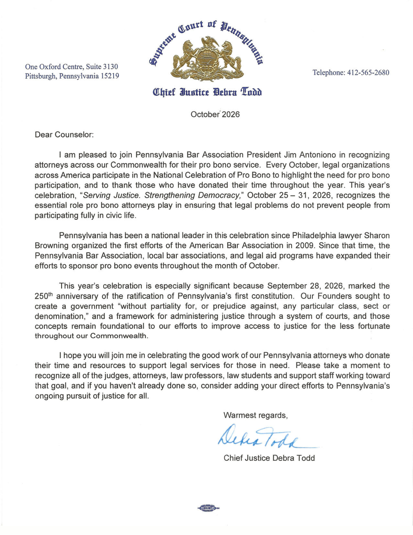 Letter from Chief Justice to Attorneys