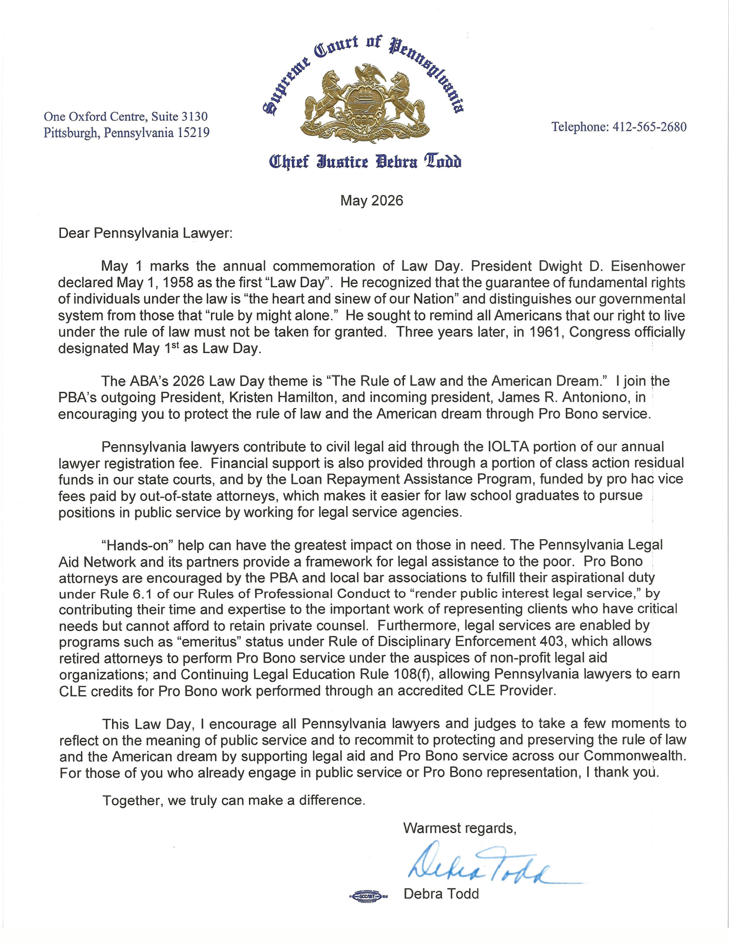 2026 Law Day Letter from Chief Justice Debra Todd
