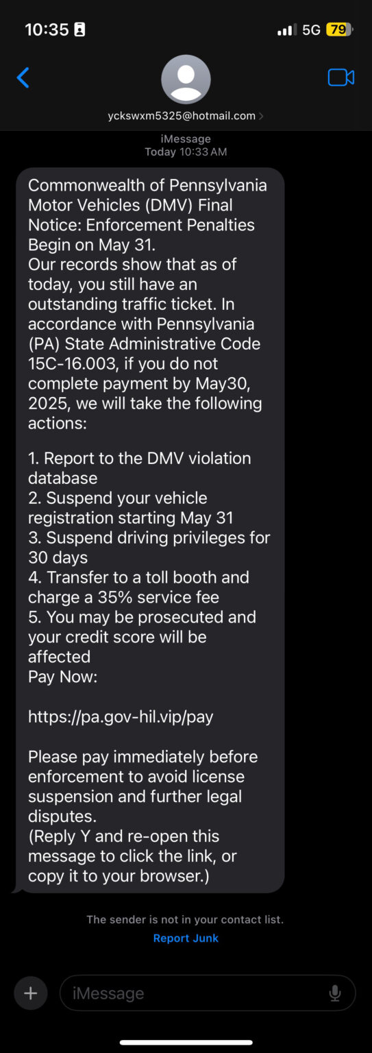 Sample of malicious scam text message